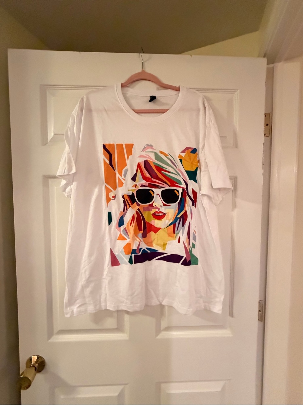 White Graphic Tee with Colorful Sunglasses Portrait